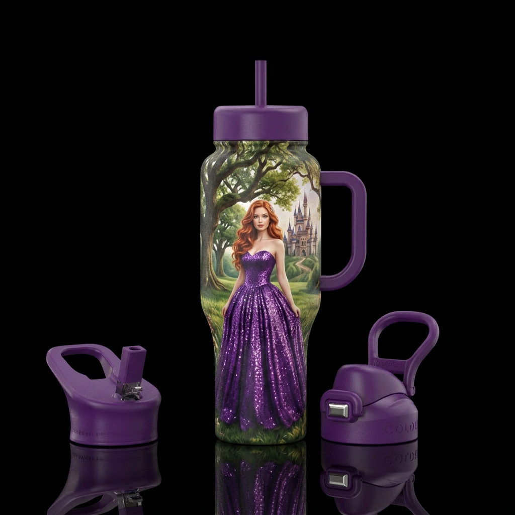 Princess with beautiful long red wavy hair wearing... water bottle design