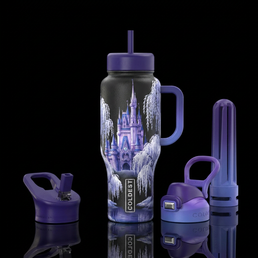 Beautiful purple and blue castle surrounded by bea... water bottle design