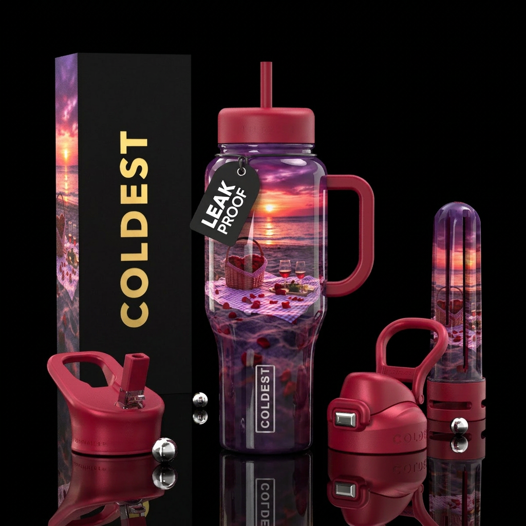 Valentine's day theme picnic on the beach at sunse... water bottle design