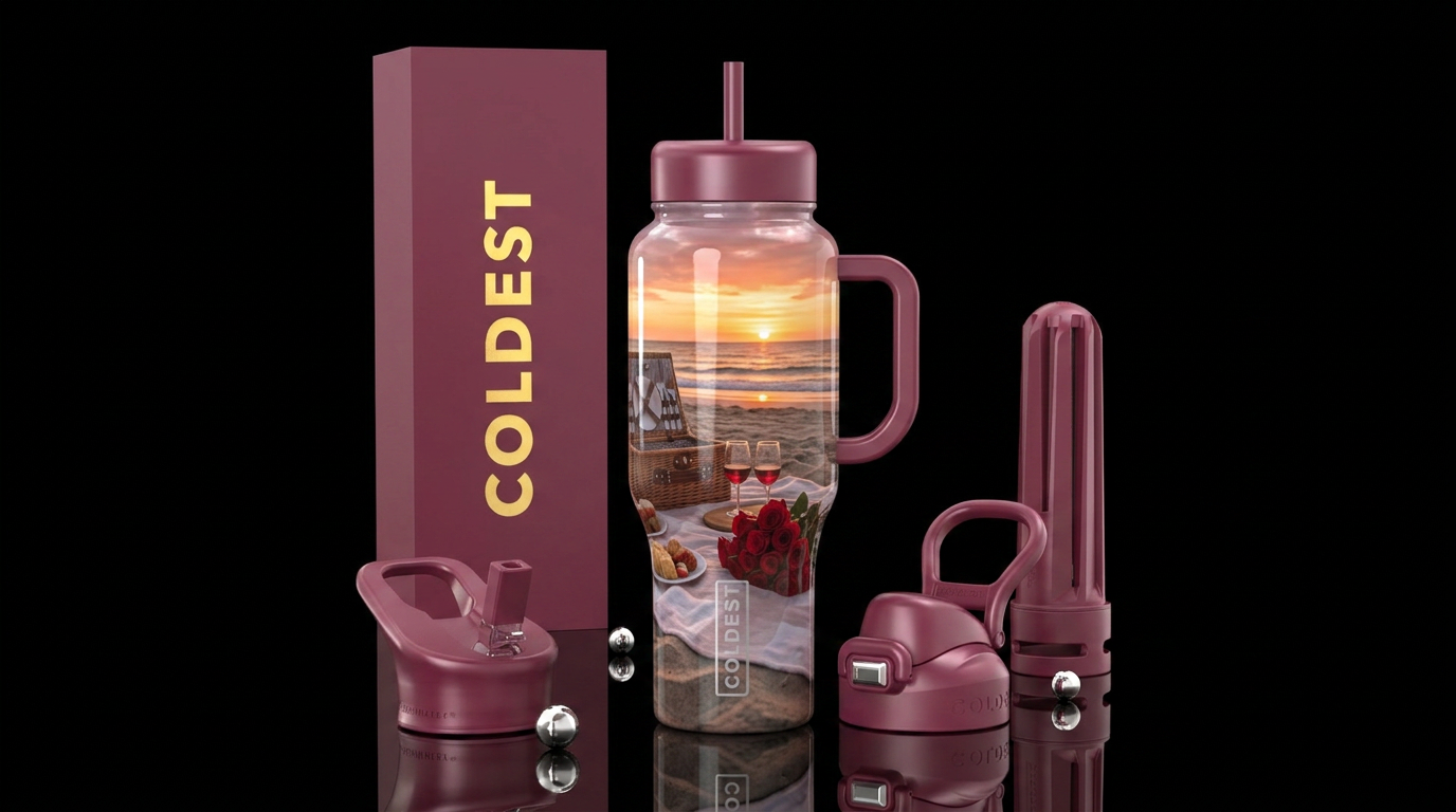 Valentine's day theme picnic on the beach at sunse... water bottle design