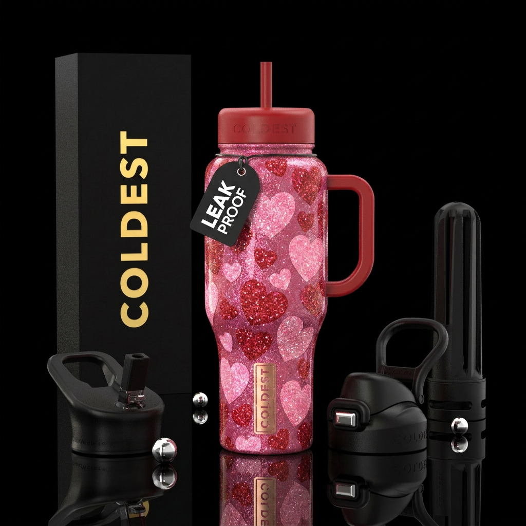 Pink and red glitter hearts red handle red lid water bottle design