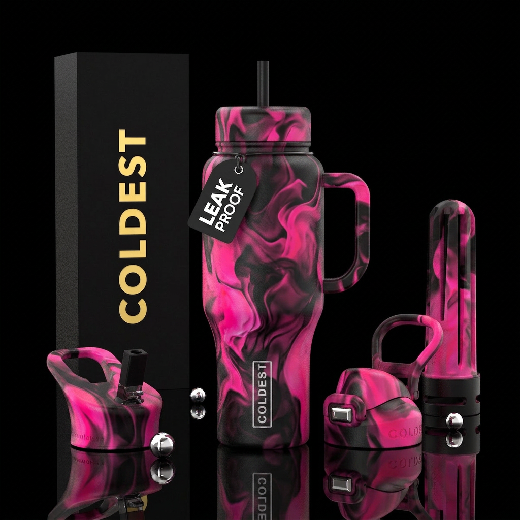 Black bottle with hot pink smokey design color cha... water bottle design
