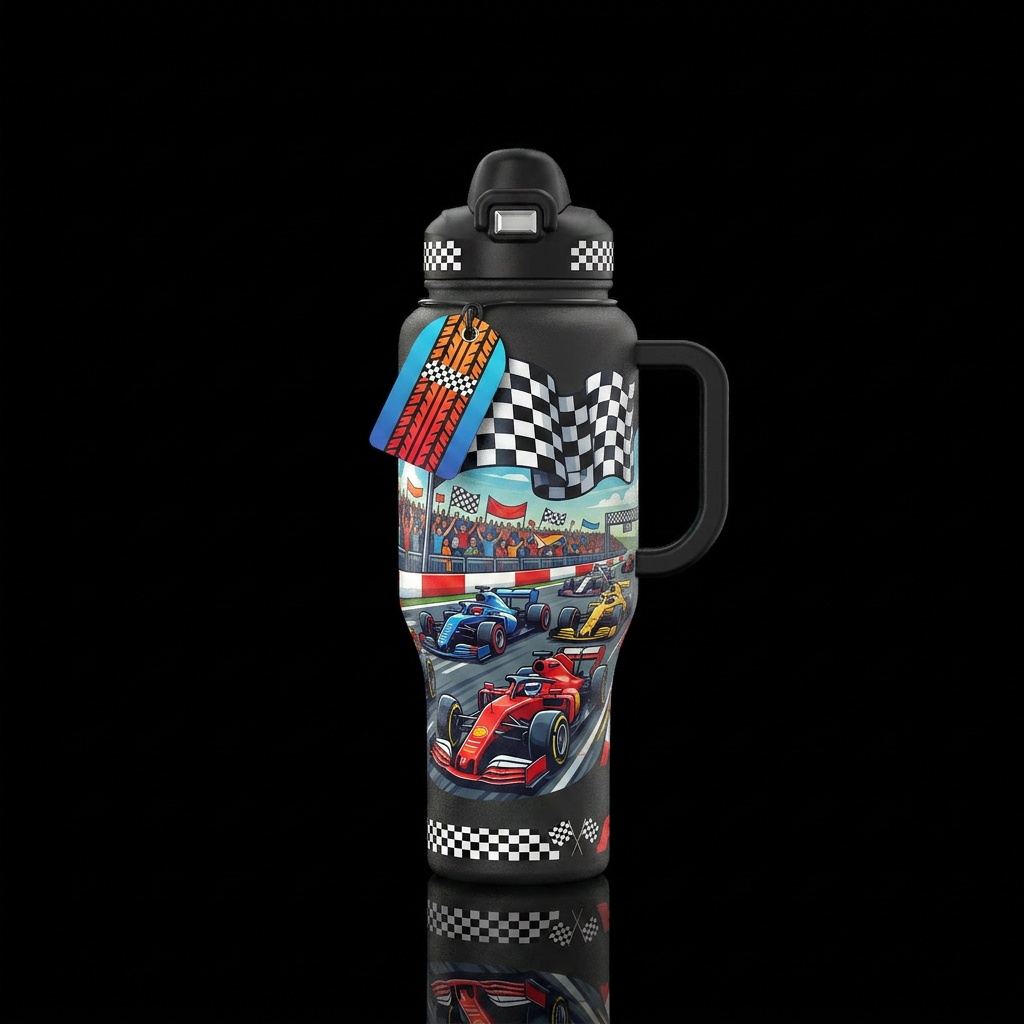 Racing day bottle, finish line, flags, cars water bottle design