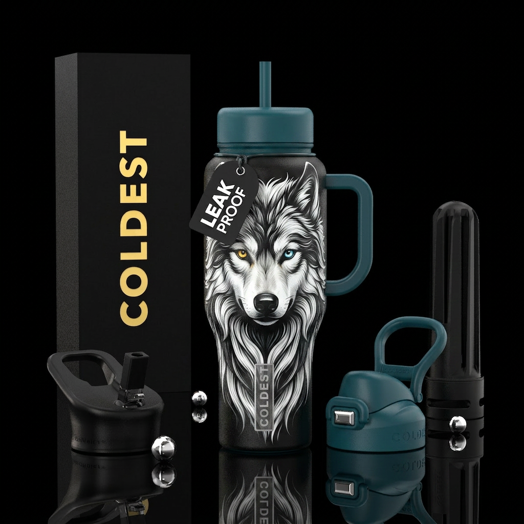 Wolf with 2 different colored eyes white and black... water bottle design