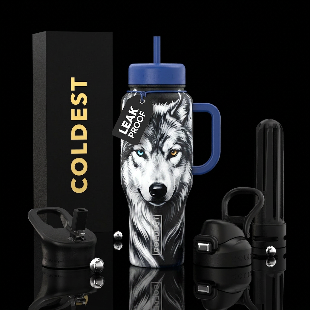 Wolf with 2 different colored eyes white and black... water bottle design