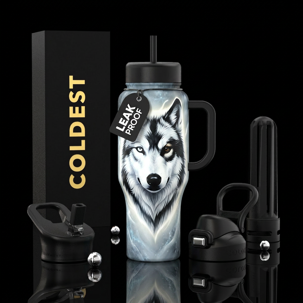 Wolf with 2 different colored eyes white and black... water bottle design