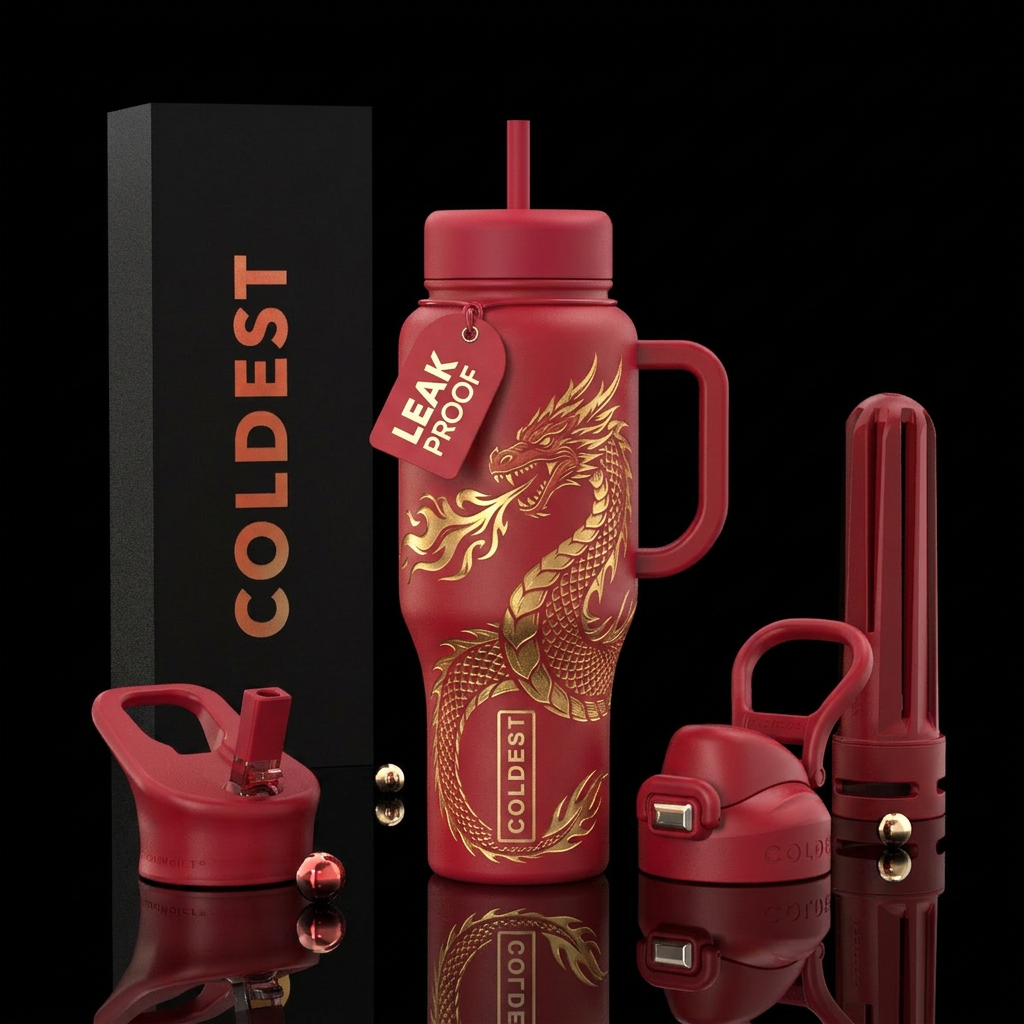 Fire breathing red dragon water bottle design