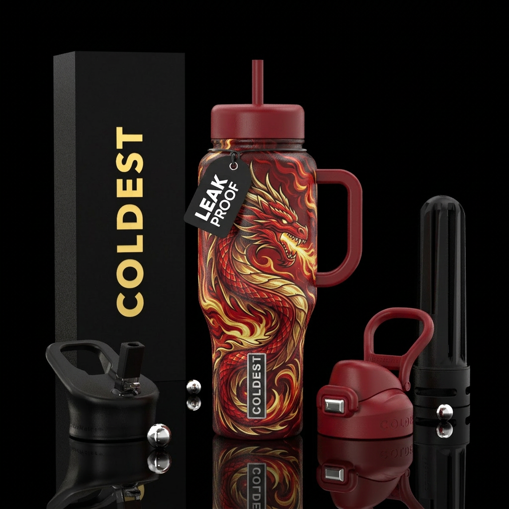 Fire breathing red dragon water bottle design