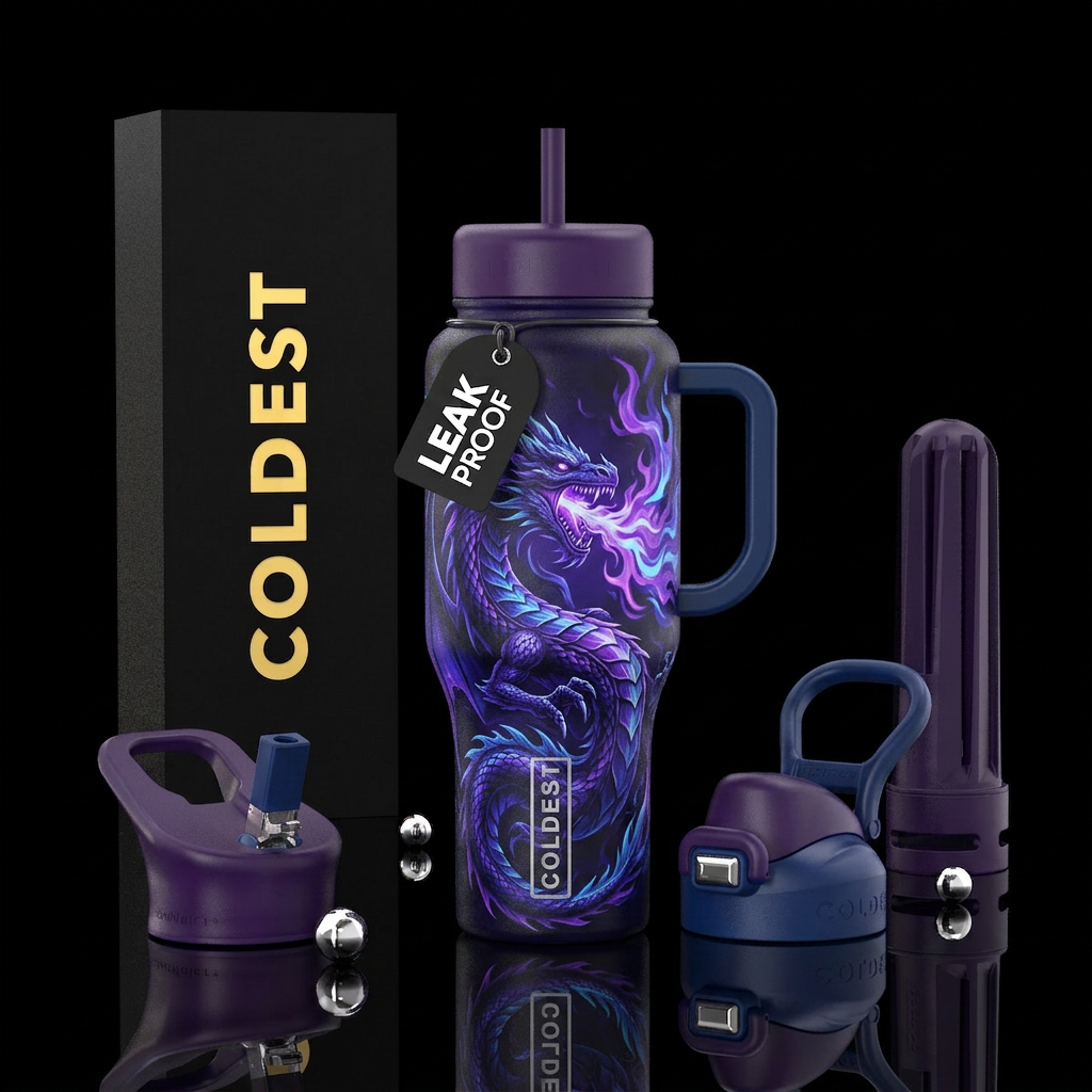 Fire breaking purple and blue dragon water bottle design