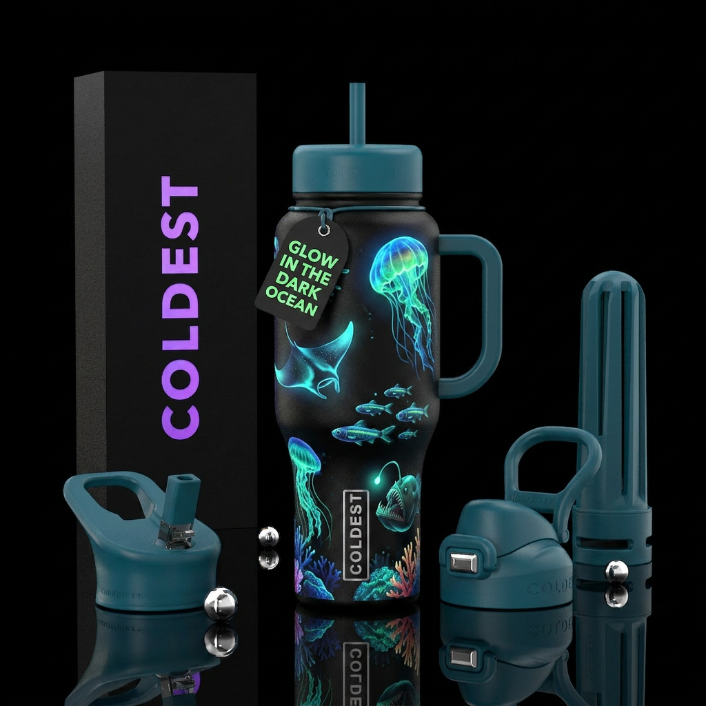 Glow in the dark ocean animals water bottle design