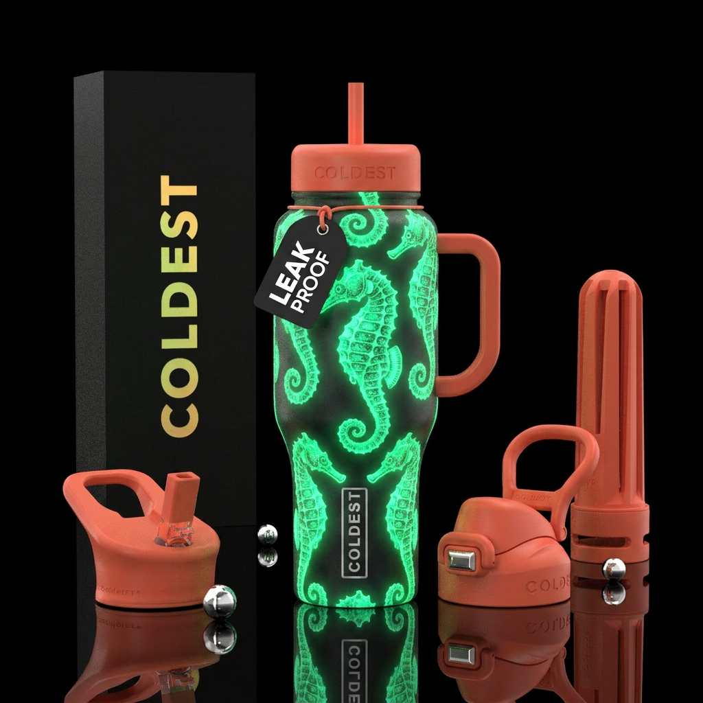 Glow in the dark seahorse water bottle design