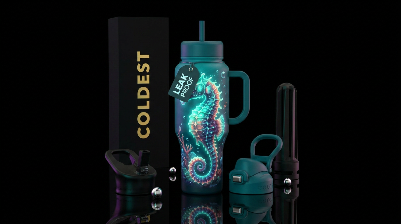 Glow in the dark seahorse water bottle design