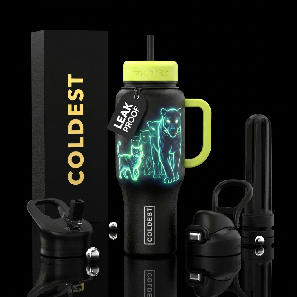 Glow in the dark cat turning into bigger feline water bottle design
