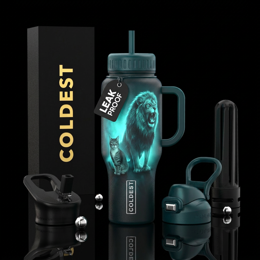 Glow in the dark cat turning into lion water bottle design