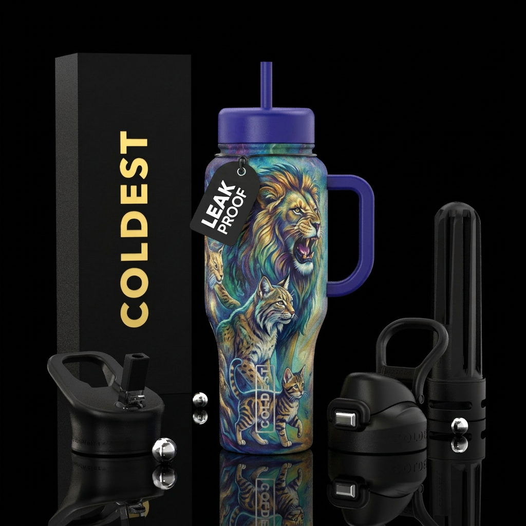 Cat evolving into lion water bottle design