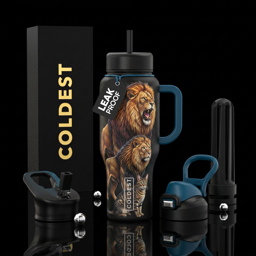 Cat evolving into lion water bottle design