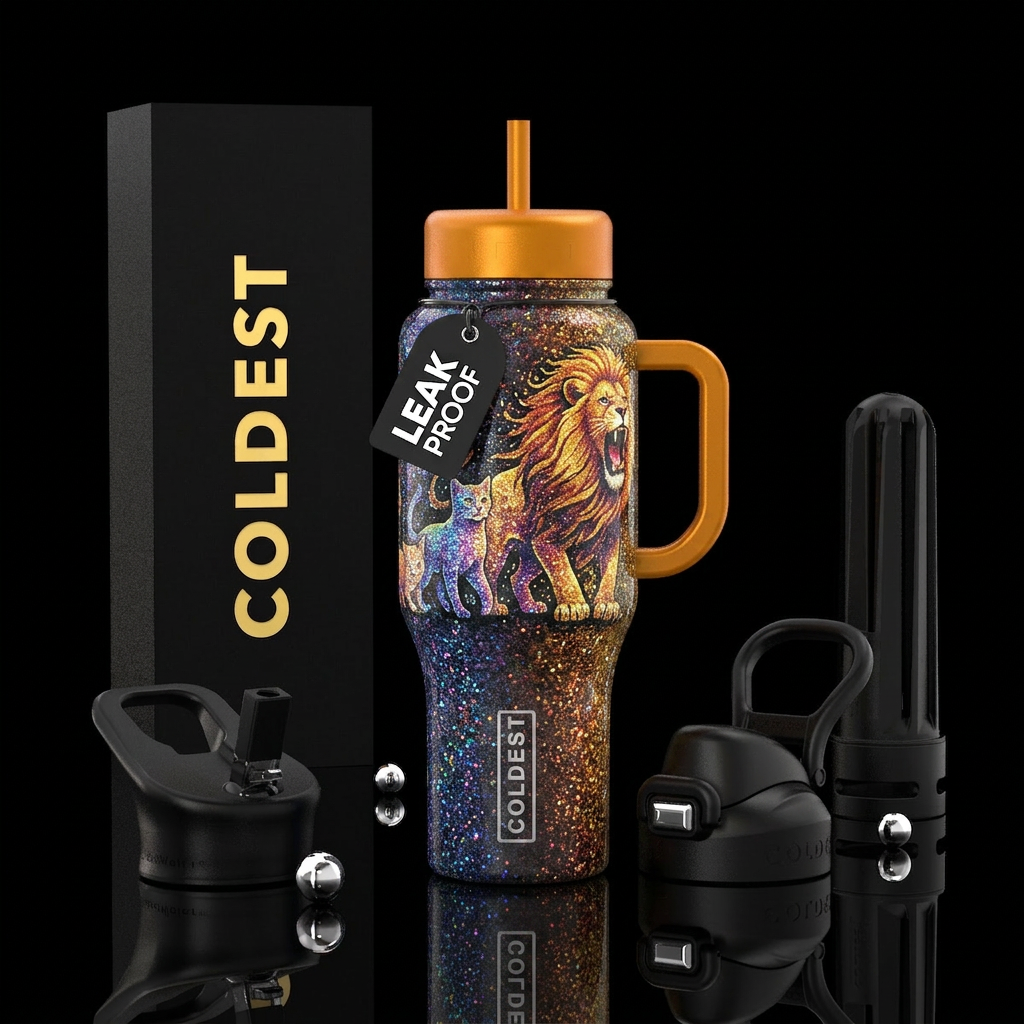 Cat evolving into lion glitter water bottle design