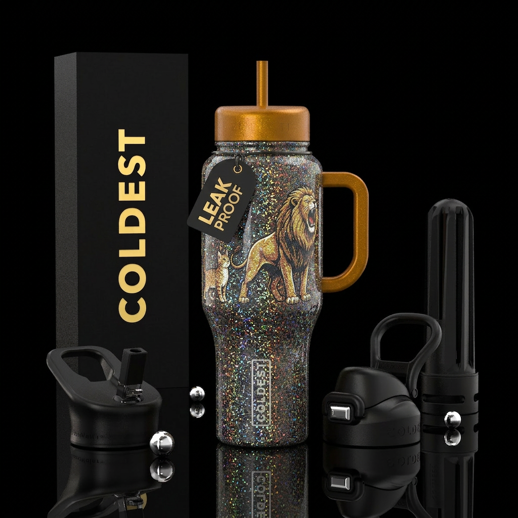 Cat evolving into lion glitter water bottle design