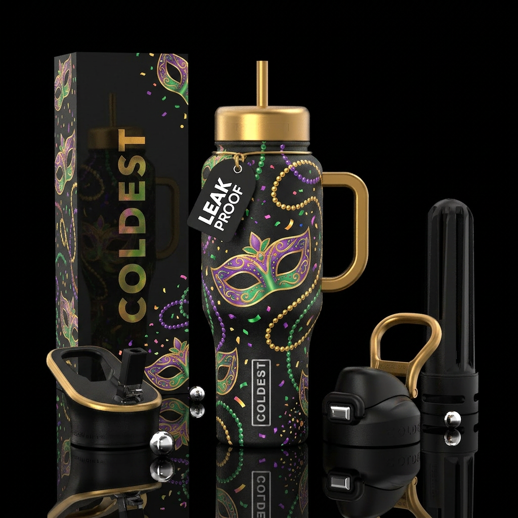Mardi gras mask, bead necklaces, confetti , purple... water bottle design