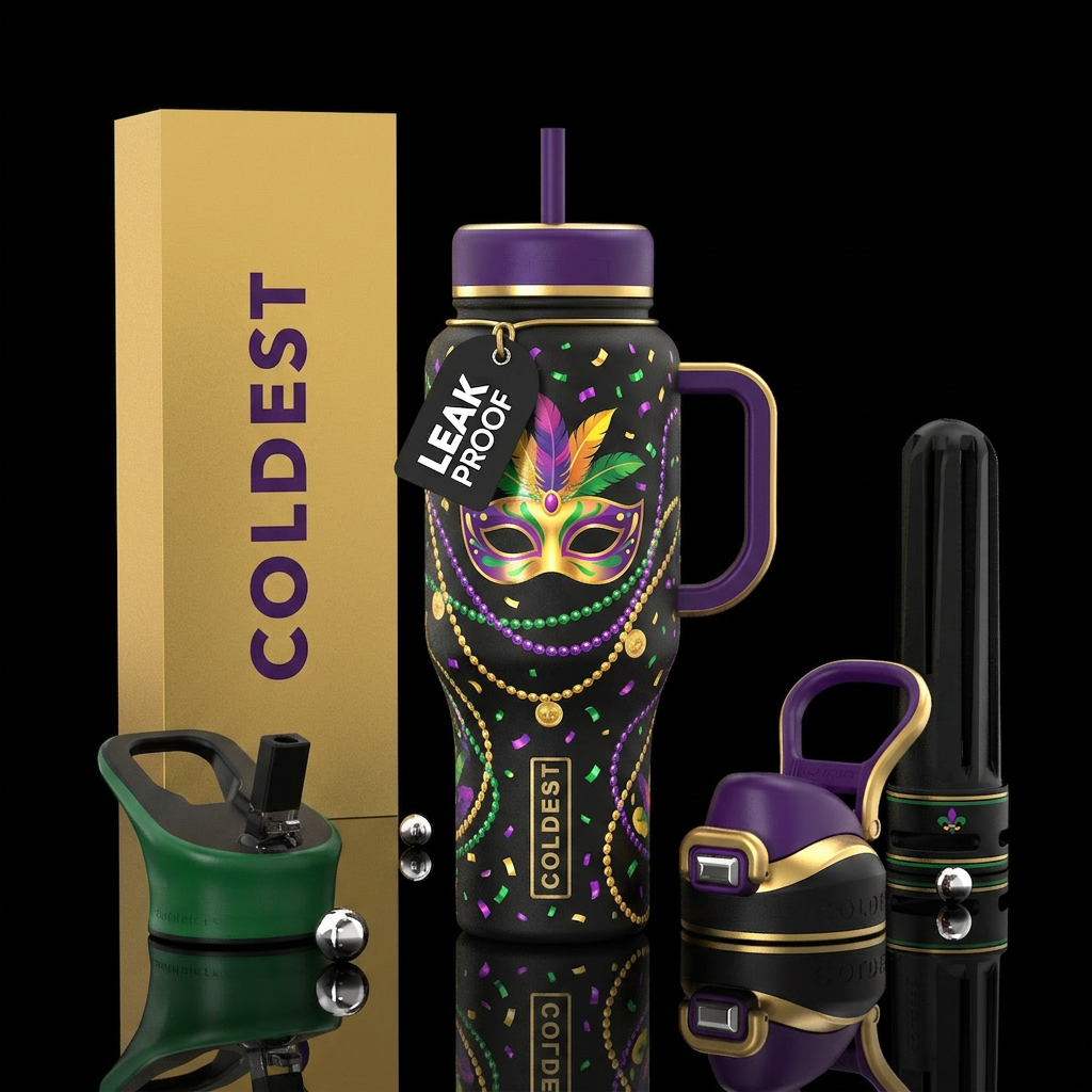 Mardi gras mask, bead necklaces, confetti , purple... water bottle design