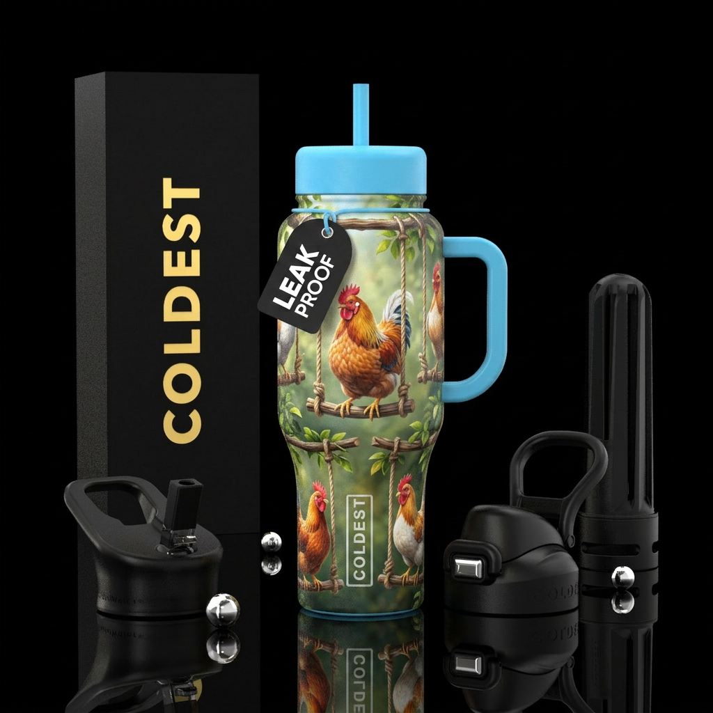 Chickens on a swing water bottle design