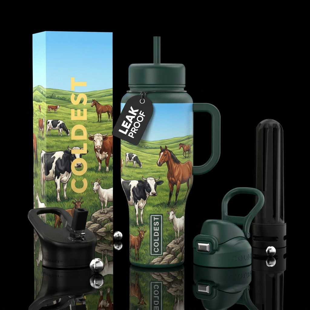 Cows and horses and goats in field water bottle design