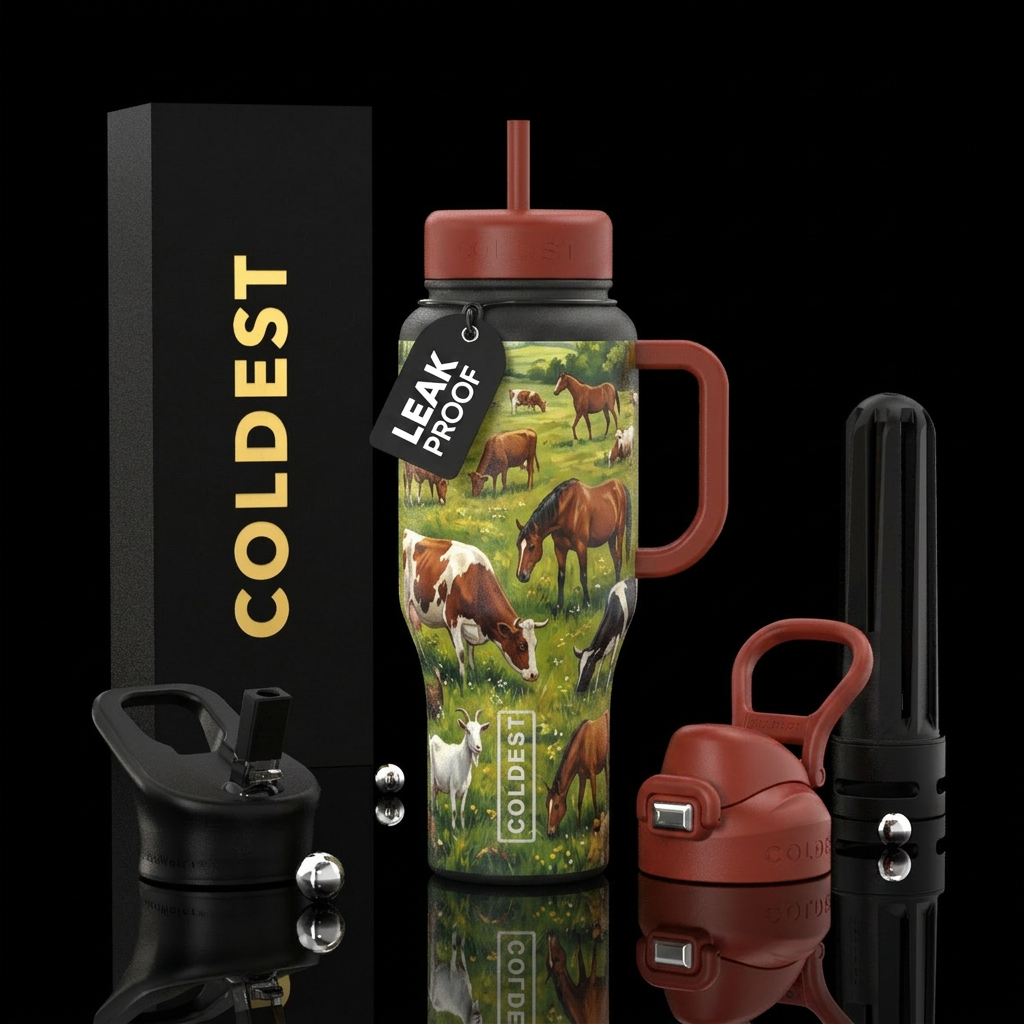 Cows and horses and goats in field water bottle design