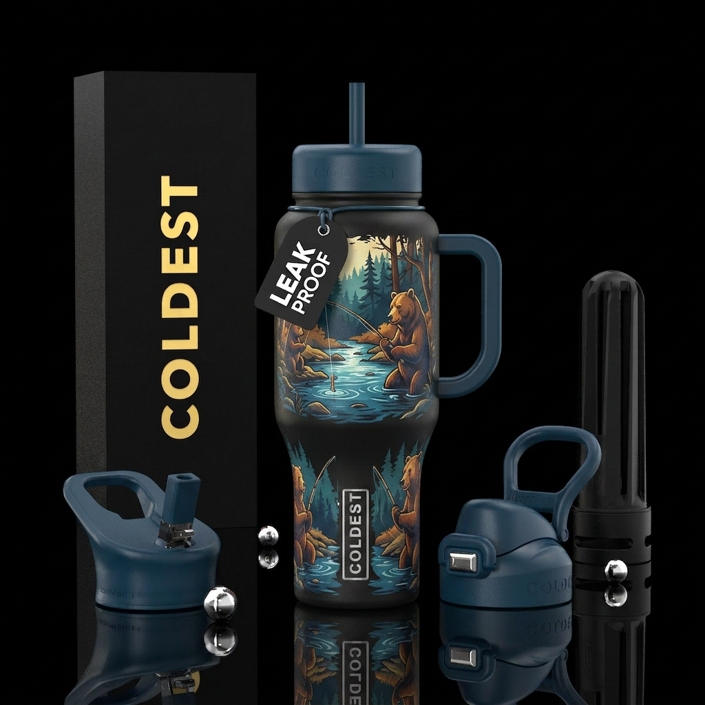 Bears fishing in a creek water bottle design