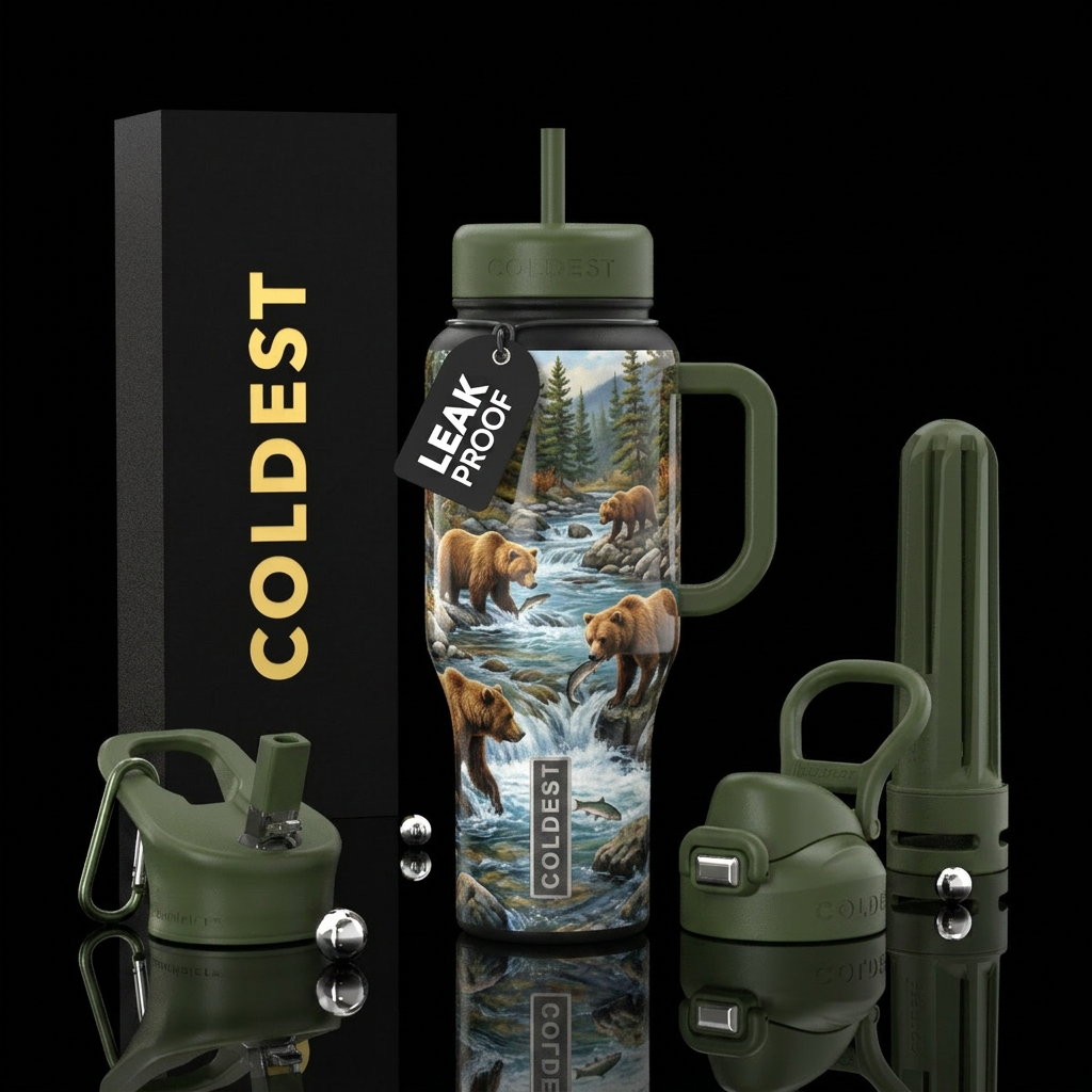 Bears fishing in a creek water bottle design