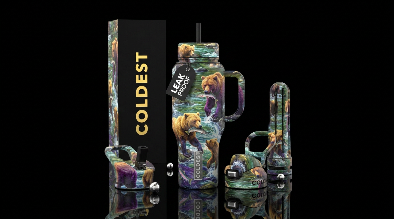 Bears fishing in a creek water bottle design