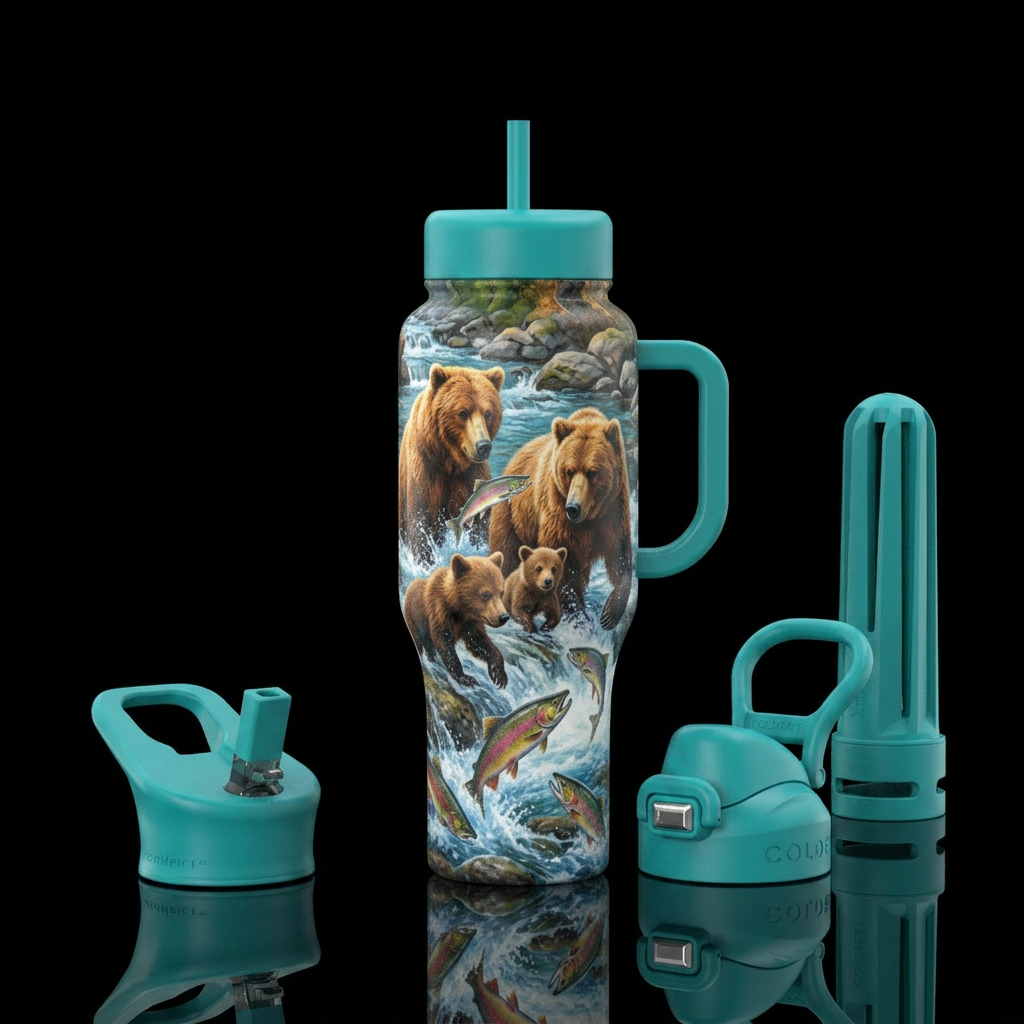Bear family catching fish in a creek water bottle design