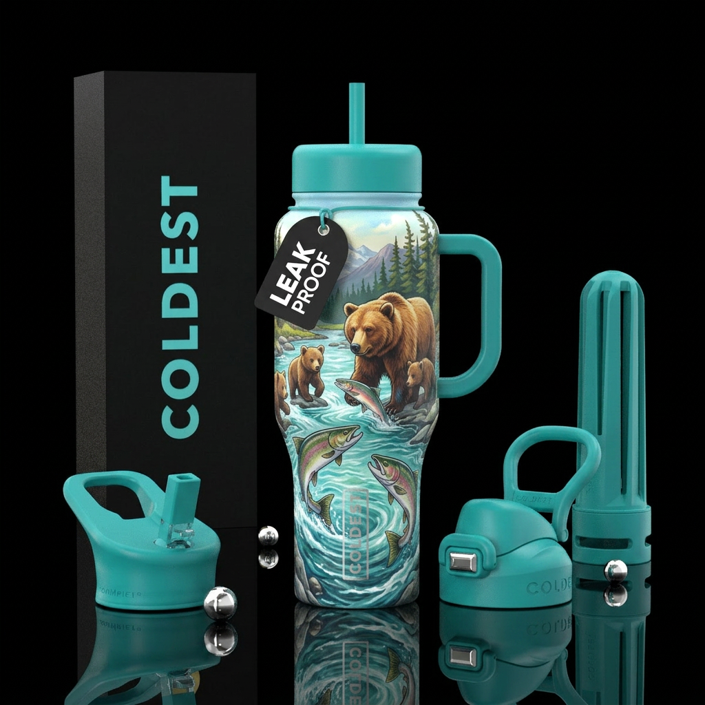 Bear family catching fish in a creek water bottle design