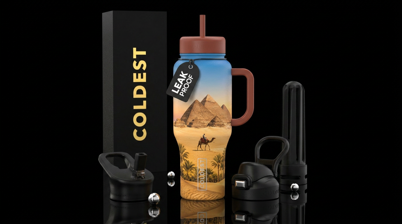 Egyptian pyramid with camel in desert water bottle design