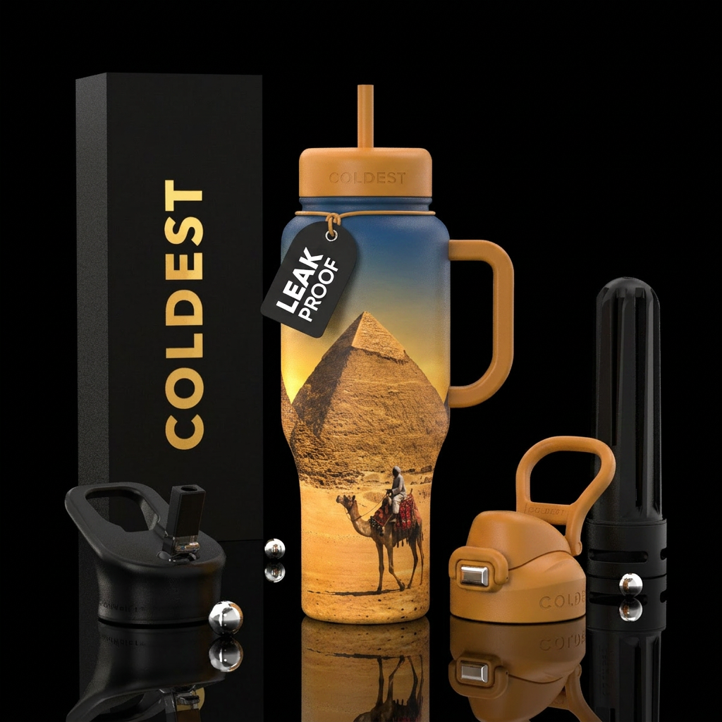 Egyptian pyramid with camel in desert water bottle design