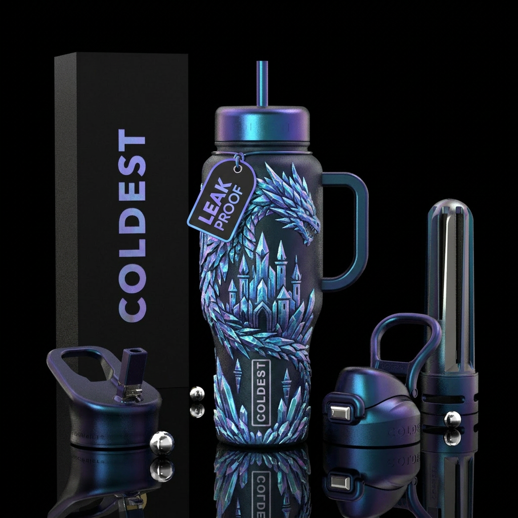 Ice dragon made of ice crystals guarding an ice ca... water bottle design