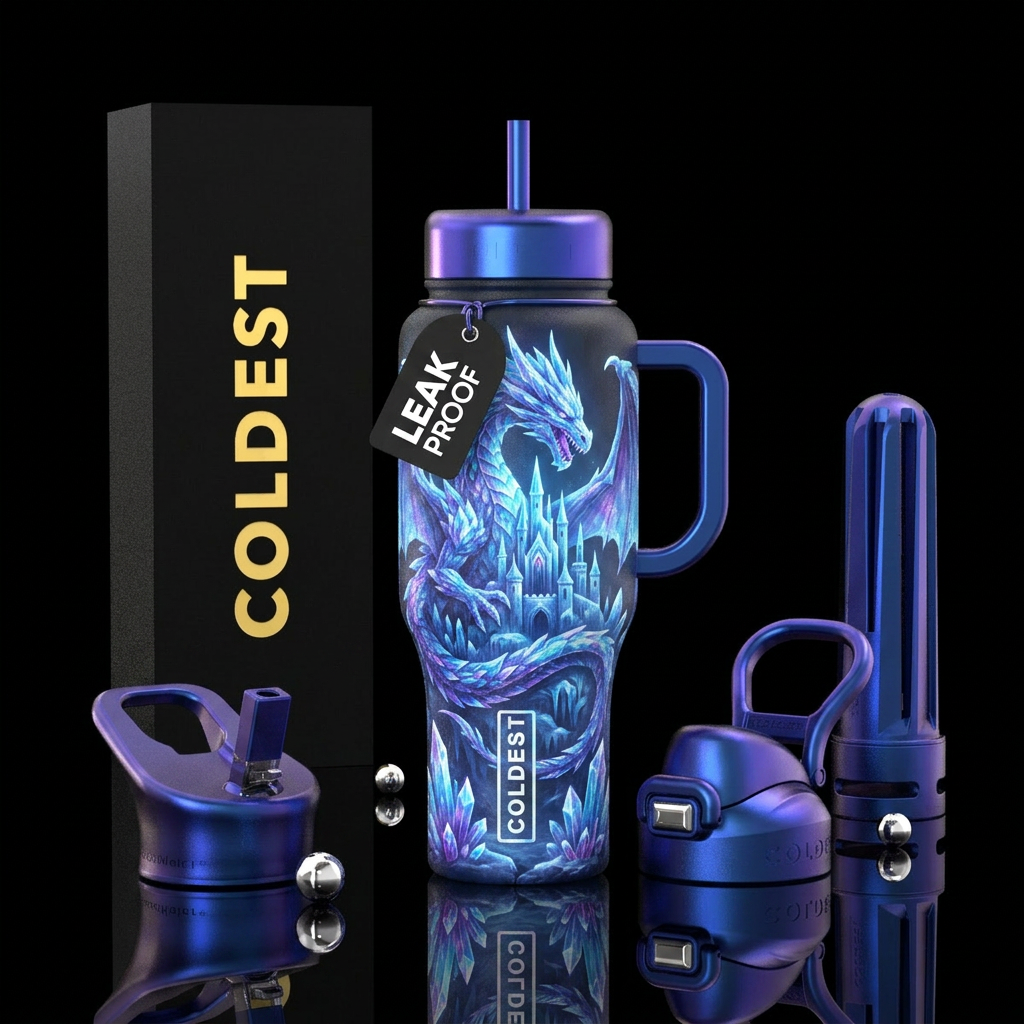 Ice dragon made of ice crystals guarding an ice ca... water bottle design