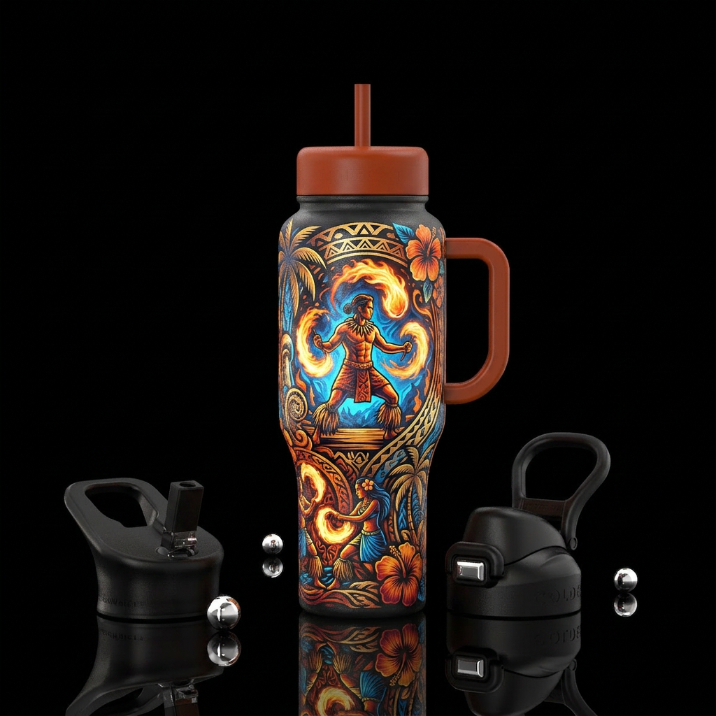 Hawaiian luau with fire dancers water bottle design