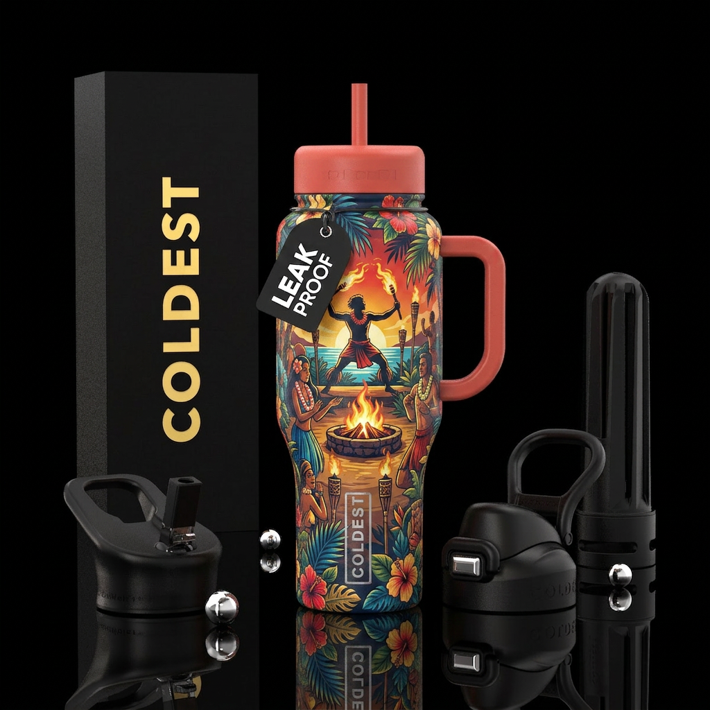 Hawaiian luau with fire dancers water bottle design