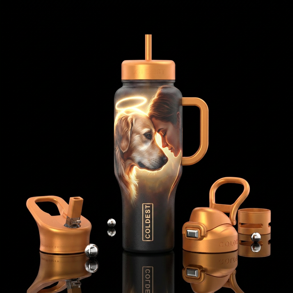 Memorial design. Dog that passed away with a glow ... water bottle design