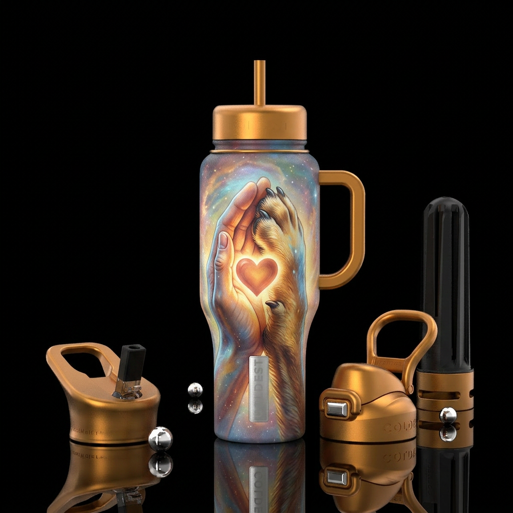 Dog memorial. Human hand holding dog paw with glow... water bottle design