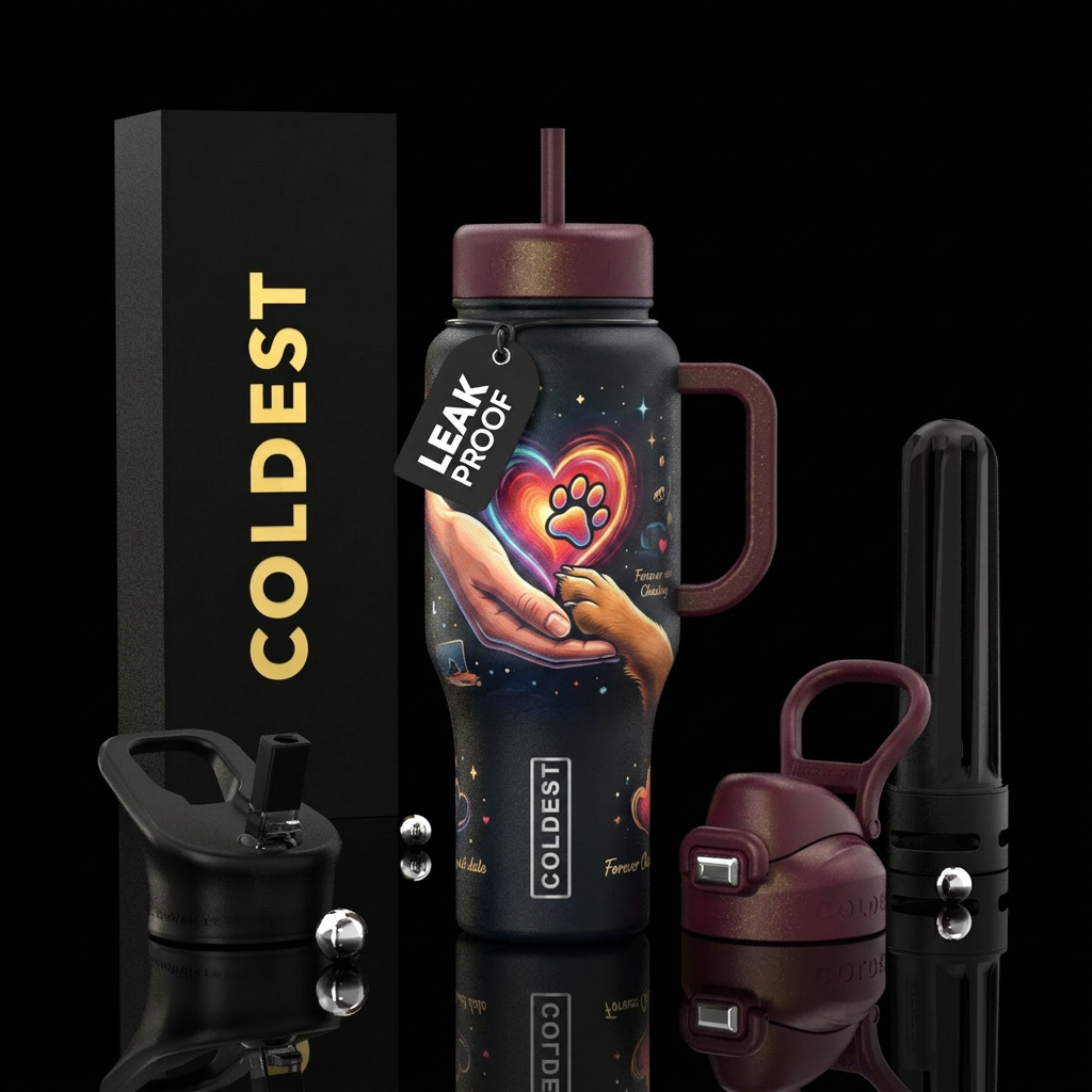 Dog memorial. Human hand holding dog paw with glow... water bottle design