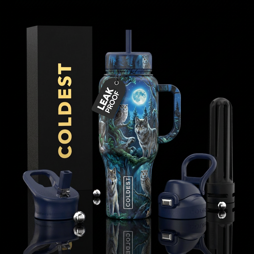 Wolves and owls in a forest at night glowing full ... water bottle design