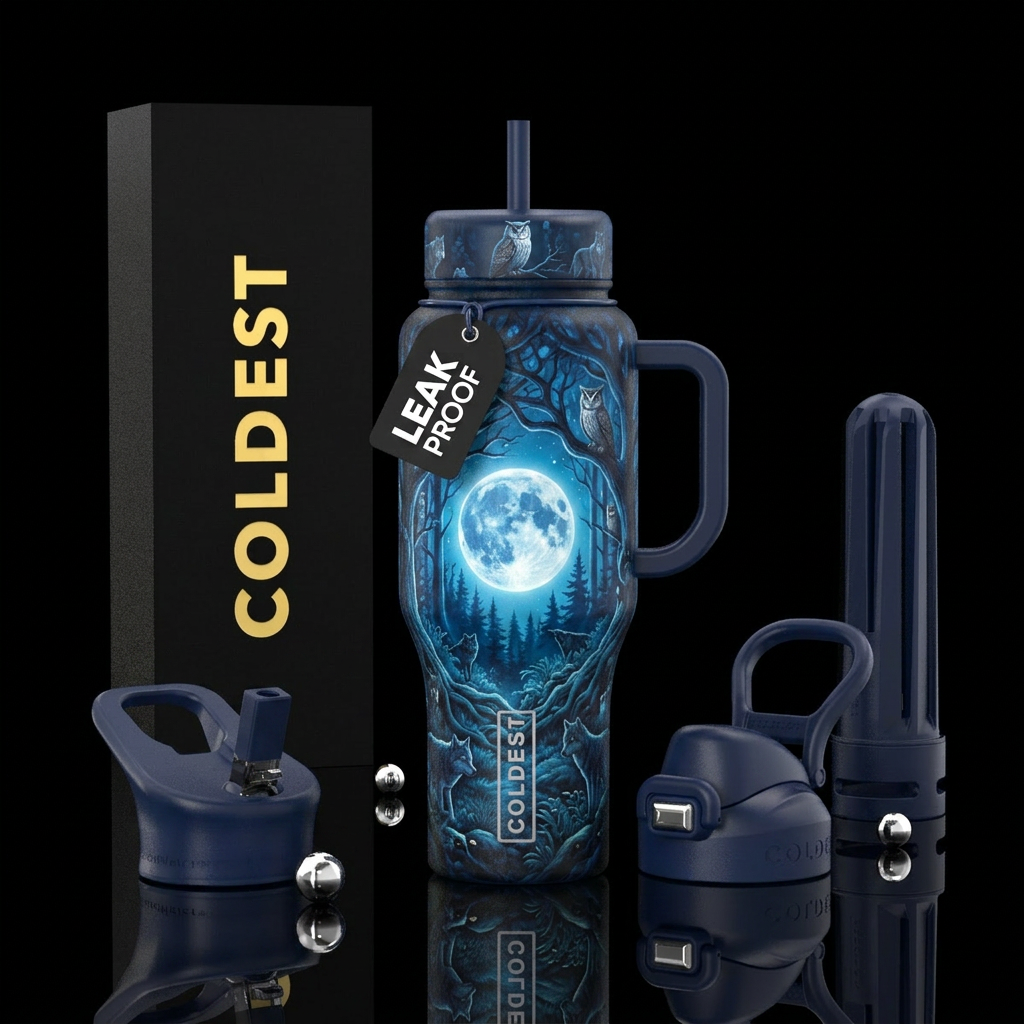Wolves and owls in a forest at night glowing full ... water bottle design