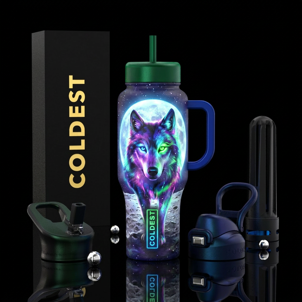 Colorful wolf with 2 different color eyes glowing ... water bottle design