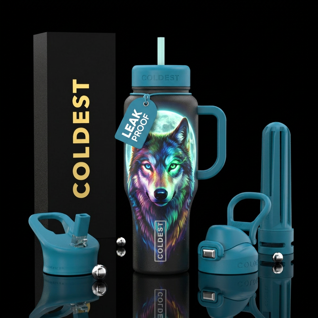 Colorful wolf with 2 different color eyes glowing ... water bottle design