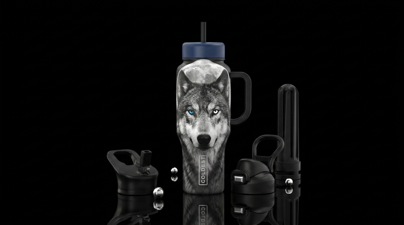 Black and white wolf up close with one blue and on... water bottle design