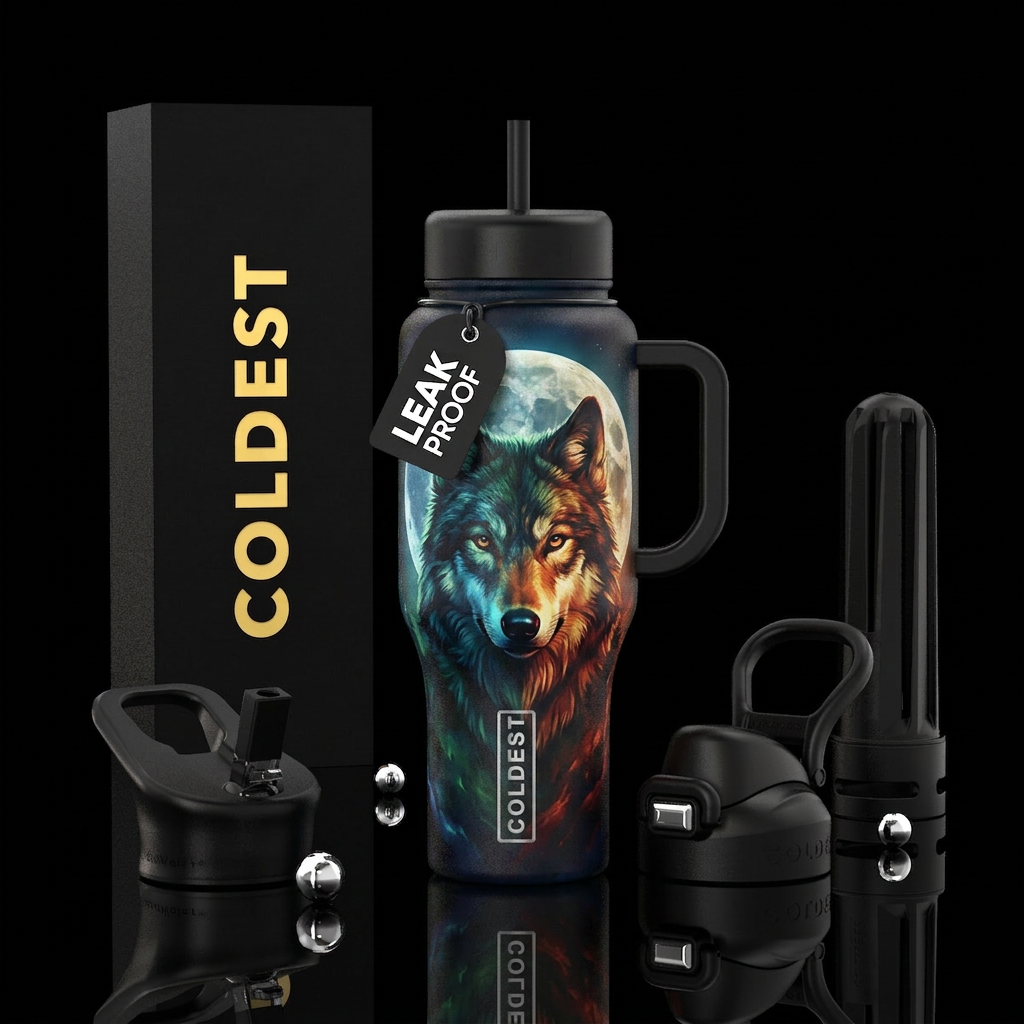 Wolf beautiful colors full moon behind water bottle design