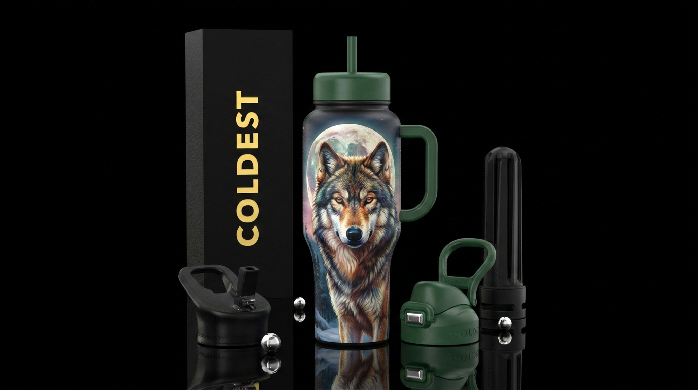 Wolf beautiful colors full moon behind water bottle design