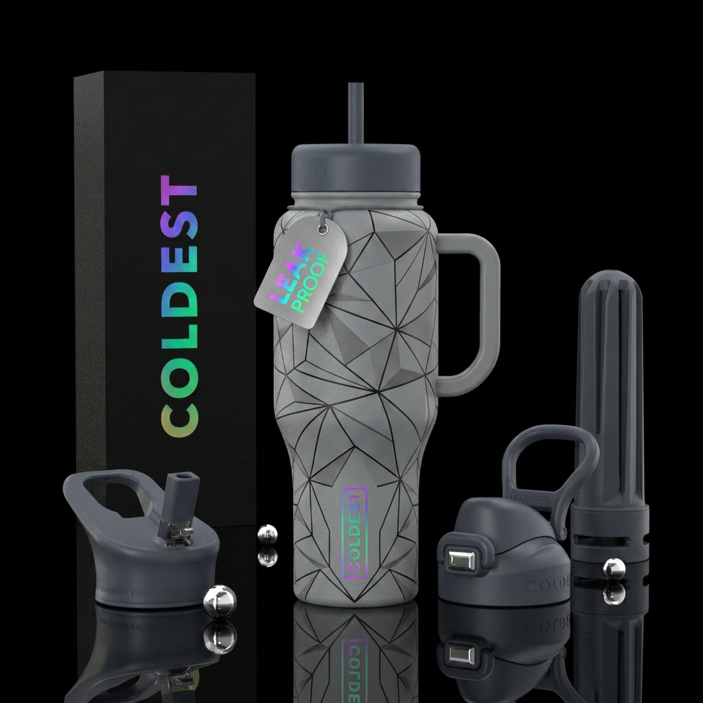 Stone gray, geometric designs, black clean lines water bottle design