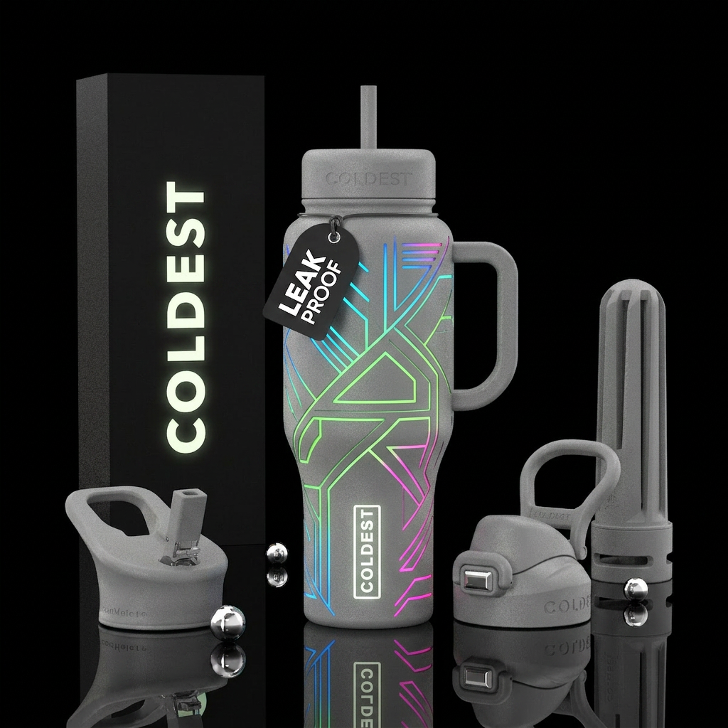 Stone grey, clean lines, shapes, hints of neon col... water bottle design